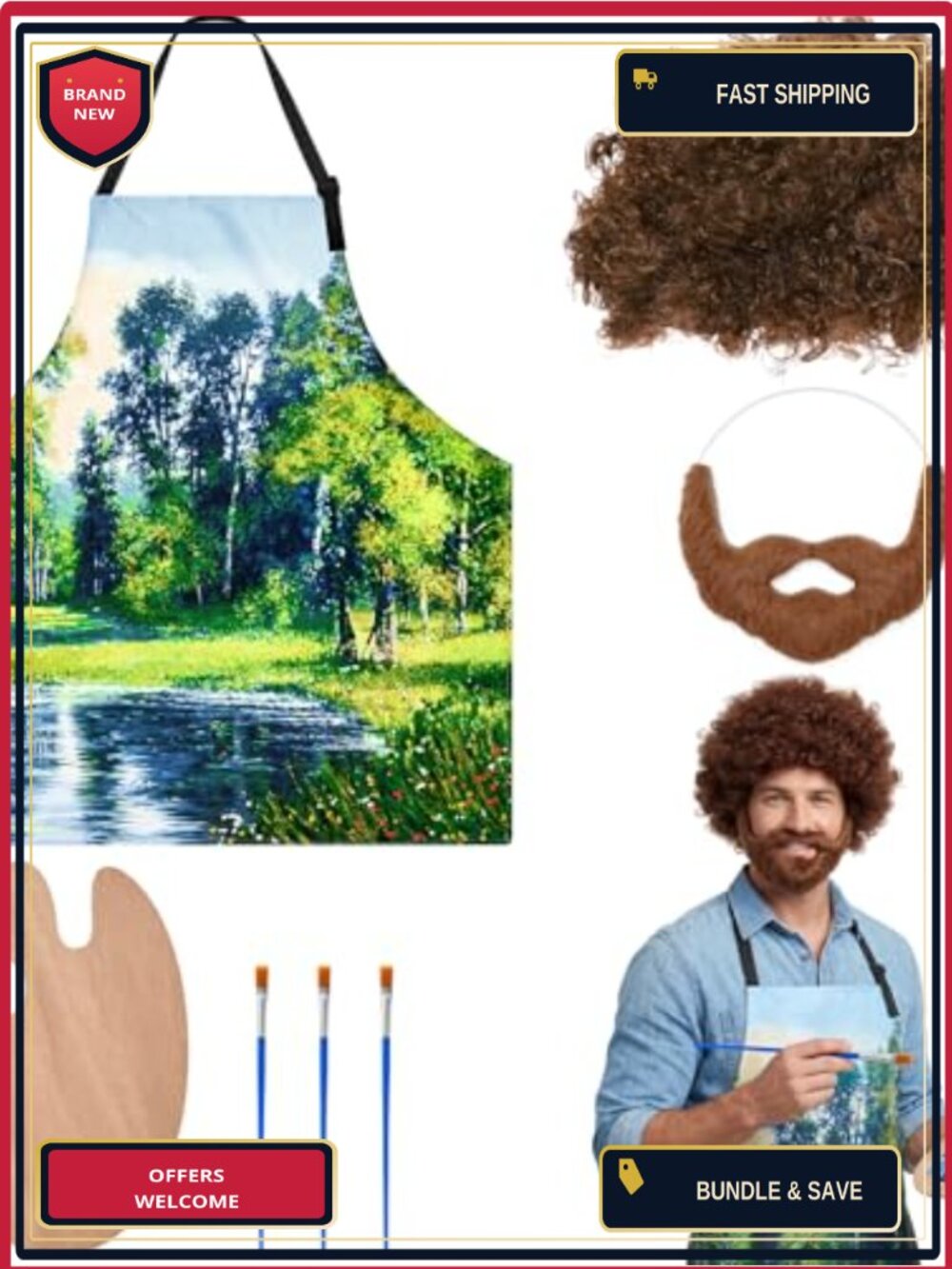 80s Painter Costume Set Brown Wig Beard Palette Apron